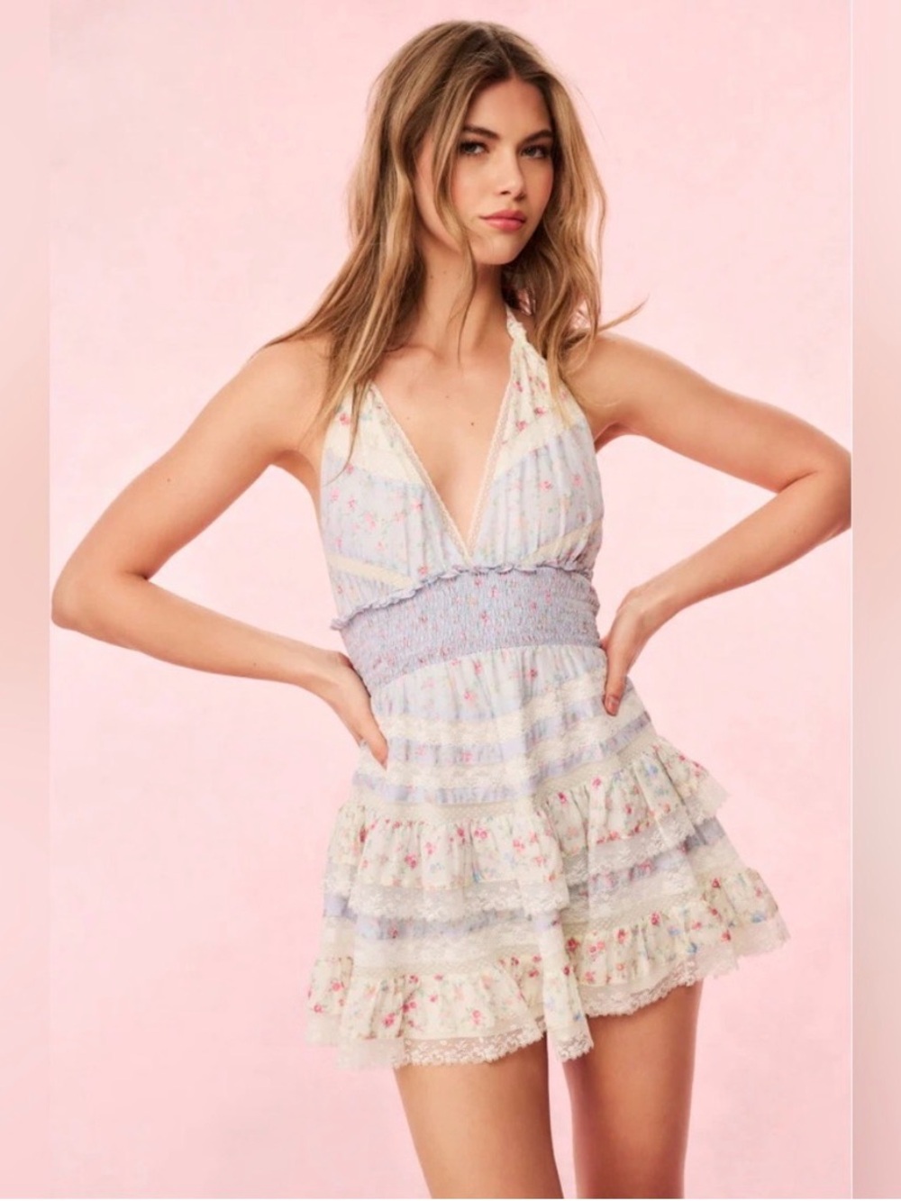 Love Shack Fancy | Silk Pearled Blue Dress - Small